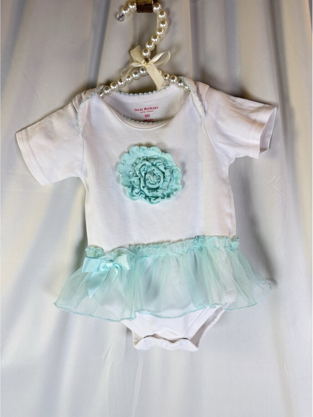 Issac Mizrahi Girls 9 Month Romper White One Piece Sea Foam Flower And Tutu